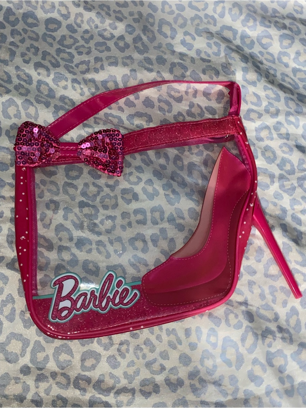 Barbie Hot Pink Clear Ankle Strap High Heel Sandal with Sequin Bow hand purse